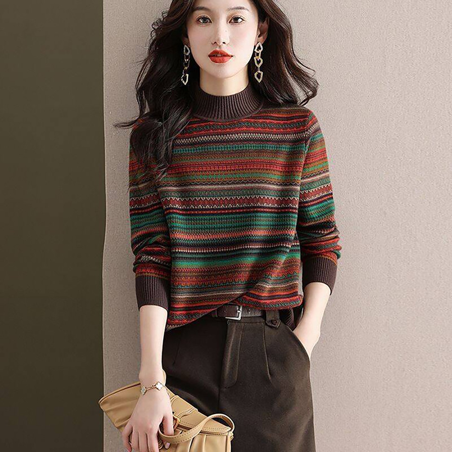 集棠女装羊绒衫条纹打底衫女士显瘦百搭针织衫2025新款保暖长a46