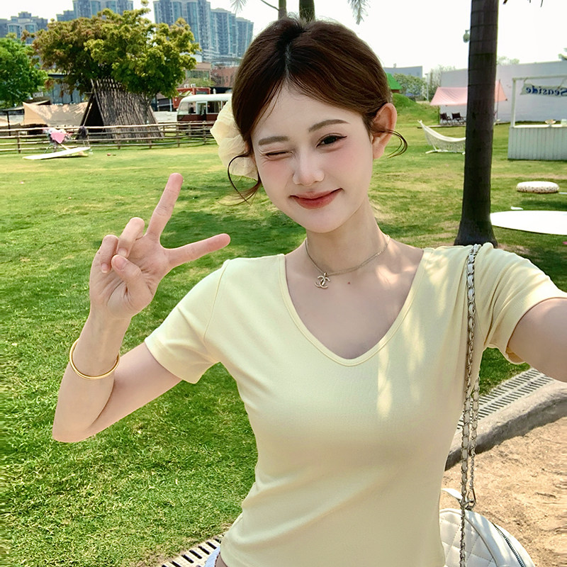 夏季大领口露锁骨前后两穿短袖正肩上衣纯欲短款露脐V领修身T恤女