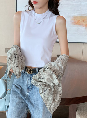 纯棉白色短款小高领背心女外穿运动内搭上衣修身打底坎肩无袖t恤