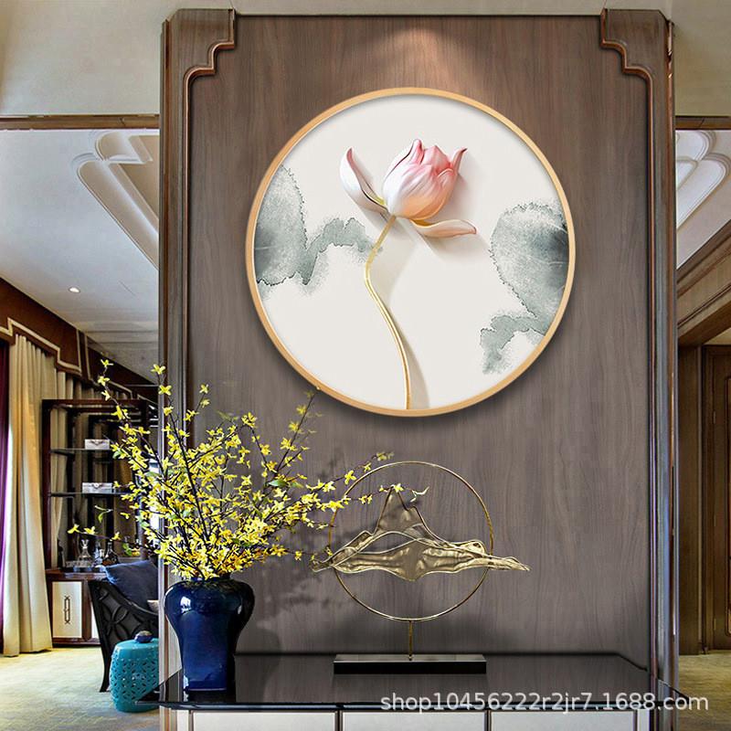 现代简约新中式荷花禅意创意圆形实木装饰画客厅高端晶瓷画电表箱图片