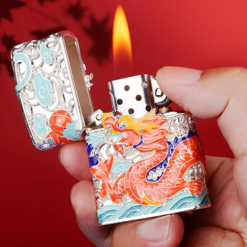 首领CHIEF花丝珐琅龙腾四海煤油防风打火机个性创意盔甲火机送朋