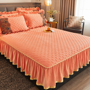 花边床笠裙边款 床套三件套 牛奶绒夹棉床罩单件水晶绒珊瑚绒床裙式