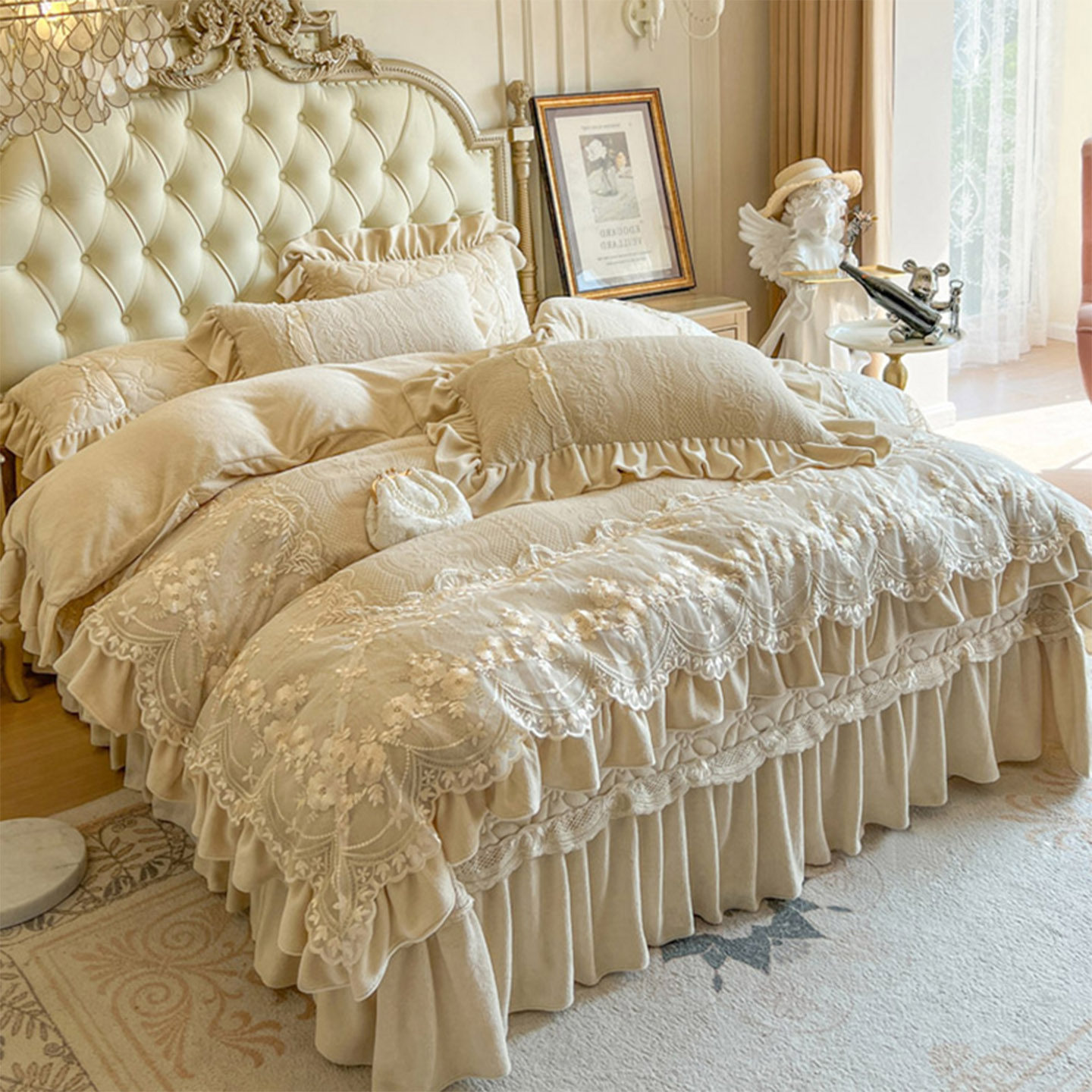 宫廷风牛奶绒四件套床盖款A类双面绒花边被套秋冬保暖加厚床罩套4