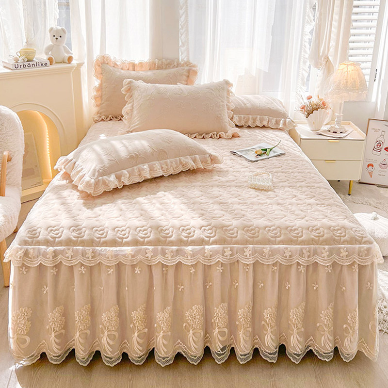 法式花边款牛奶绒夹棉床裙单件蕾丝床罩带裙边加厚防滑床套三件套