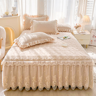 法式 牛奶绒夹棉床裙单件蕾丝床罩带裙边加厚防滑床套三件套 花边款