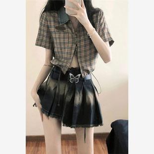 辣妹盐系穿搭一整套小香风POLO领拉链开衫 夏季 百褶牛仔短裙两件套