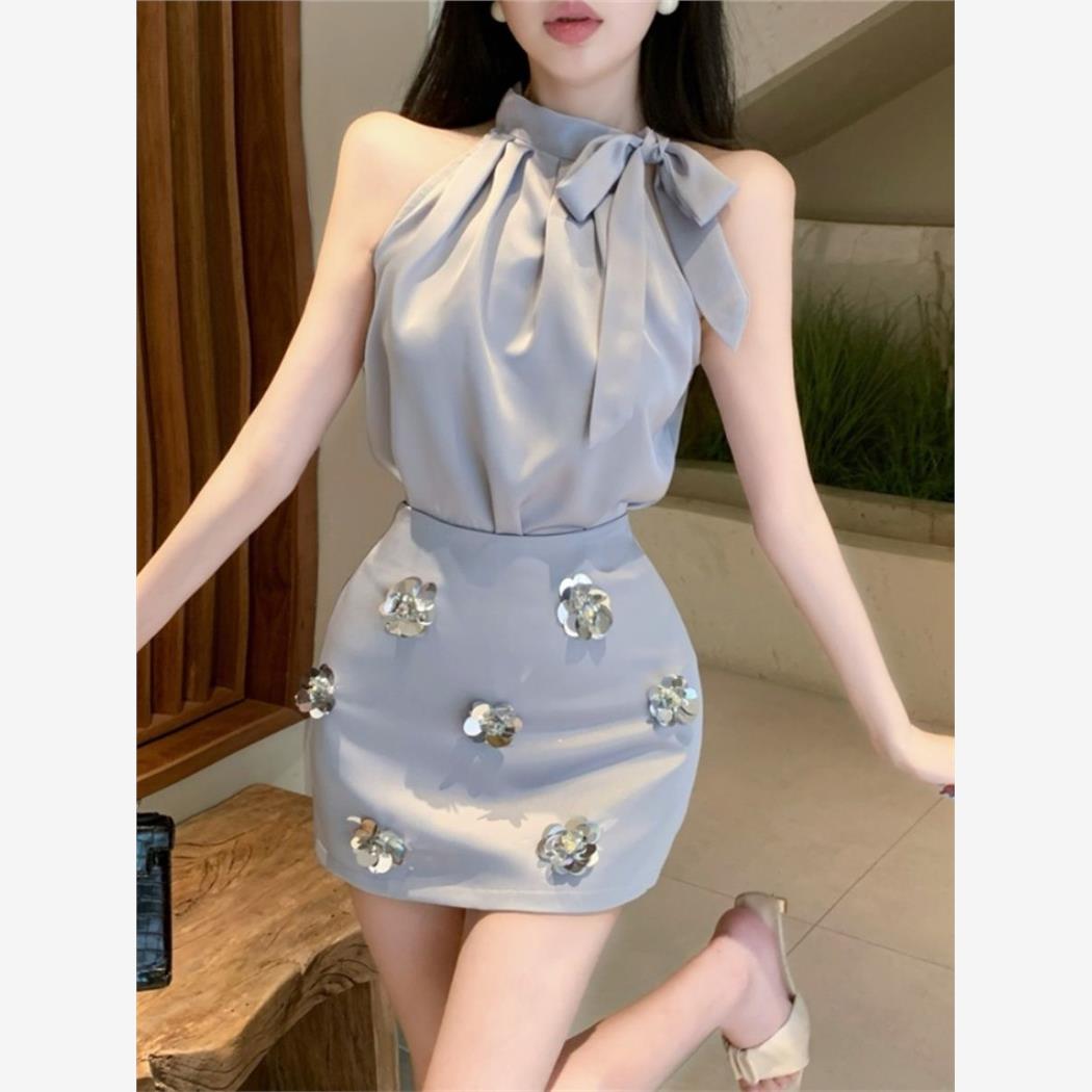 气质名媛法式无袖缎面高级上衣重工背心花朵半身裙两件套套装短裙