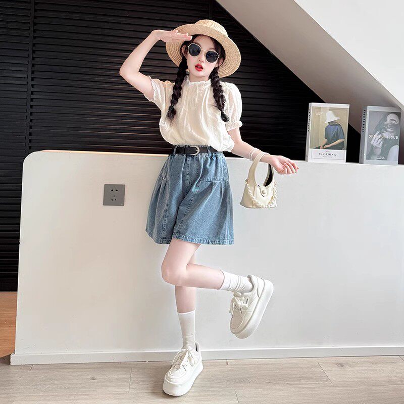 女童夏装套装2026新款儿童洋气娃娃衫上衣中大童牛仔短裙裤两件套