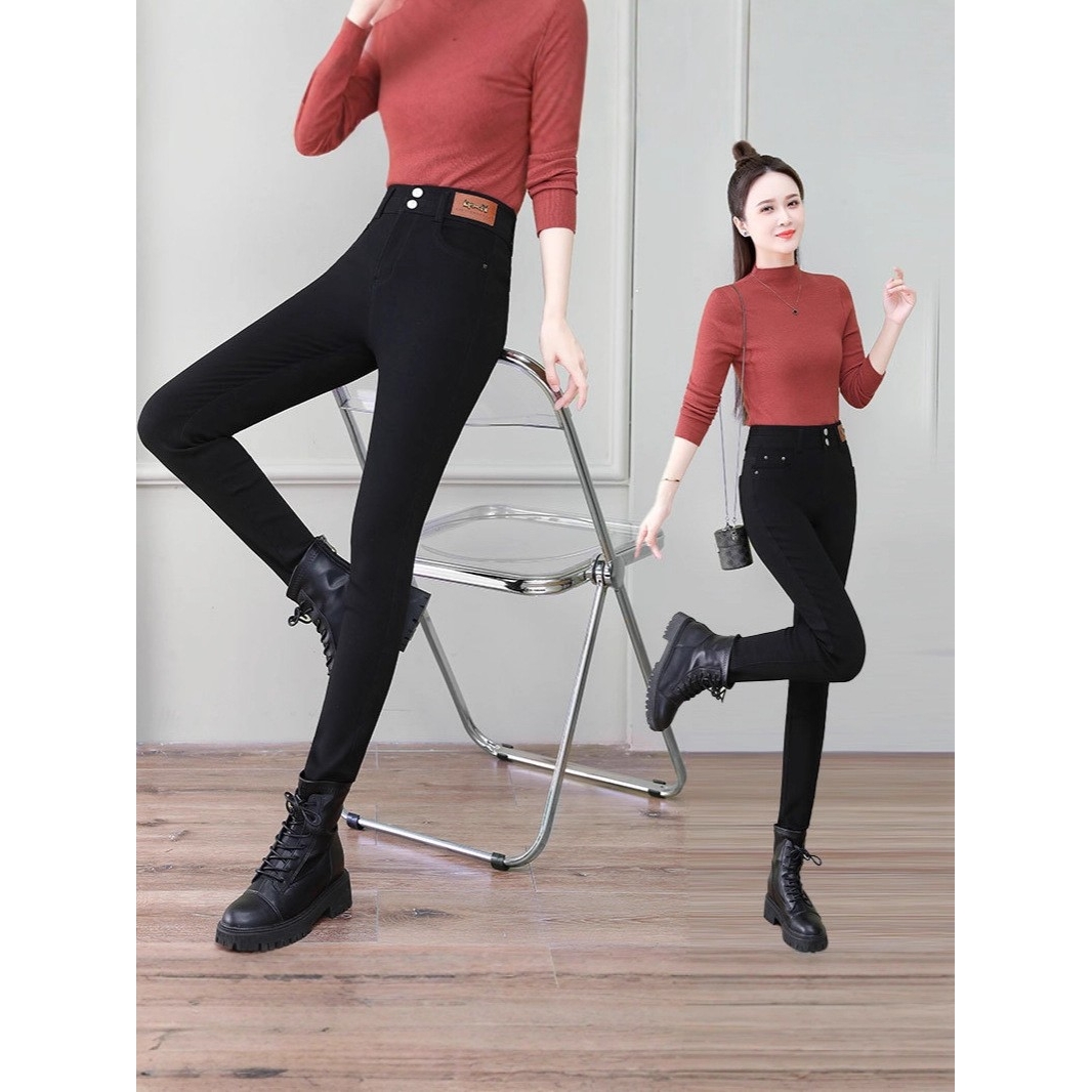 2025秋冬季加绒加厚修身高腰牛仔裤女设计百搭第美腿塑形提臀铅笔