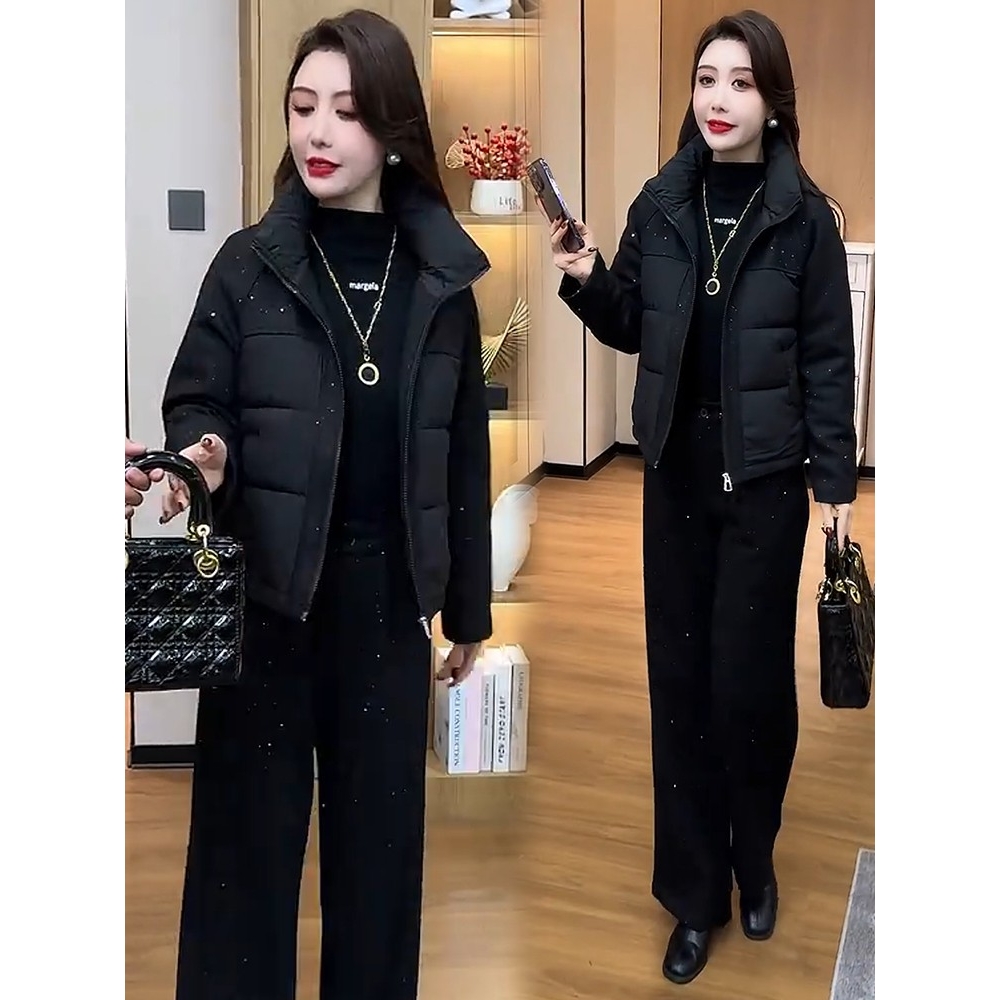 时尚套装女2025冬季新款洋气毛呢拼接羽绒棉服外套阔腿裤两件套潮