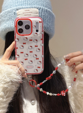 hellokitty点钻蝴蝶结波点二合一大红色适用于苹果14手机壳ins17系列手机保护套15pro手机壳高颜值