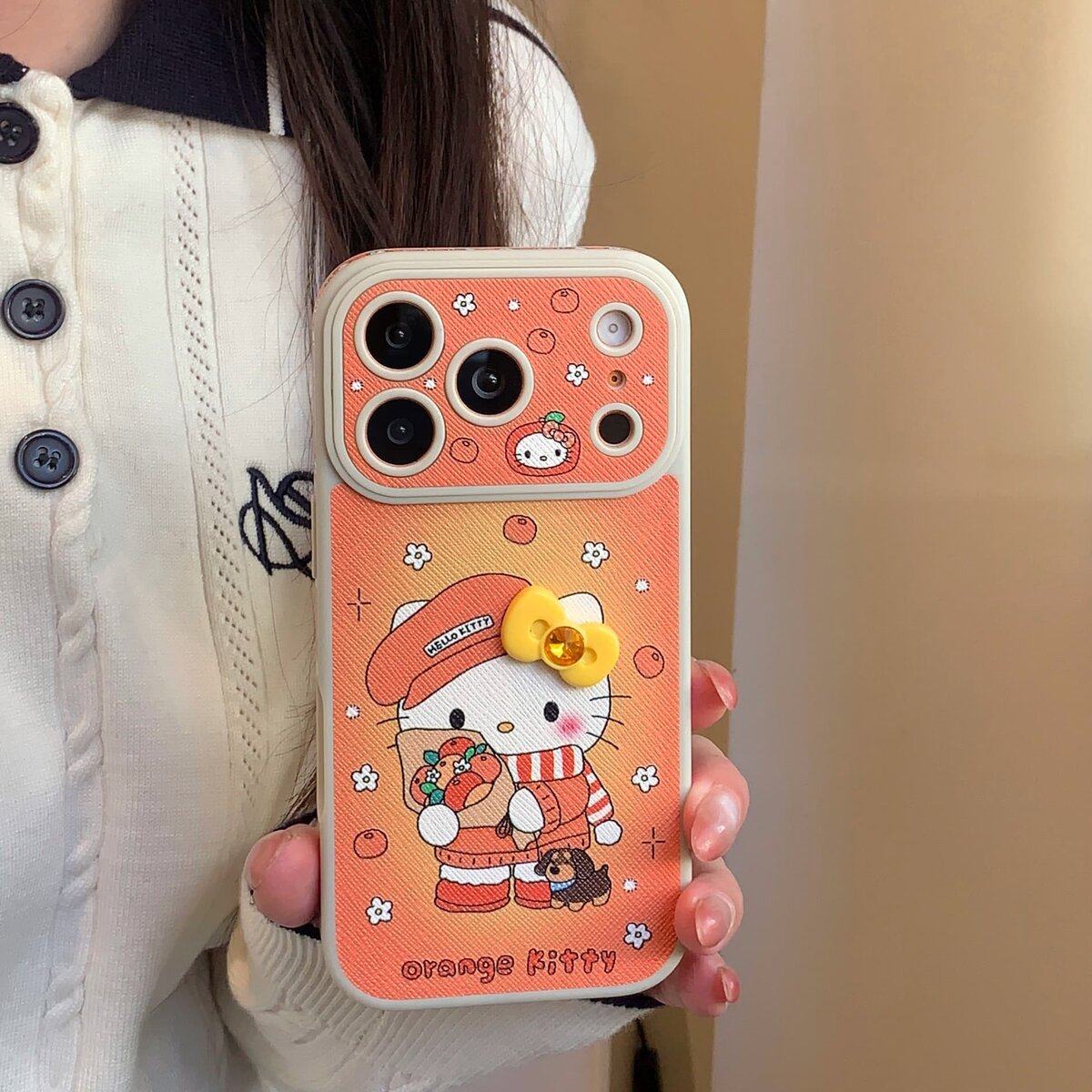 侧边全包大视窗皮纹 橙色kitty适用于苹果14promax创意手机保护壳卡通可爱16pro手机保护壳ins风17系列手机保