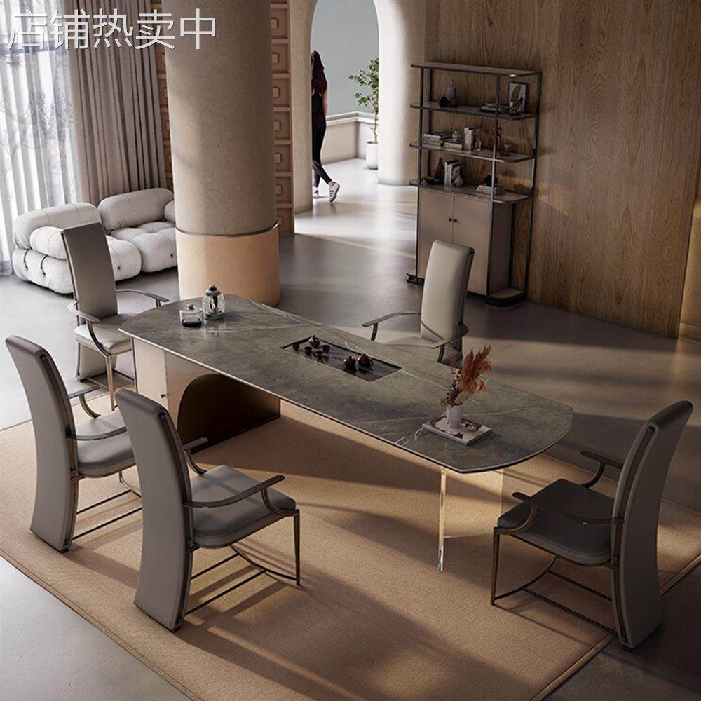 意式轻奢茶桌家用办公室亚克力茶台现代简约别墅岩板茶盘茶桌一体