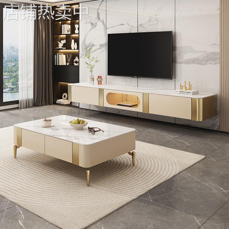 客厅家用轻奢岩板茶几电视柜小户型意式极简铁艺地柜悬挂电视柜