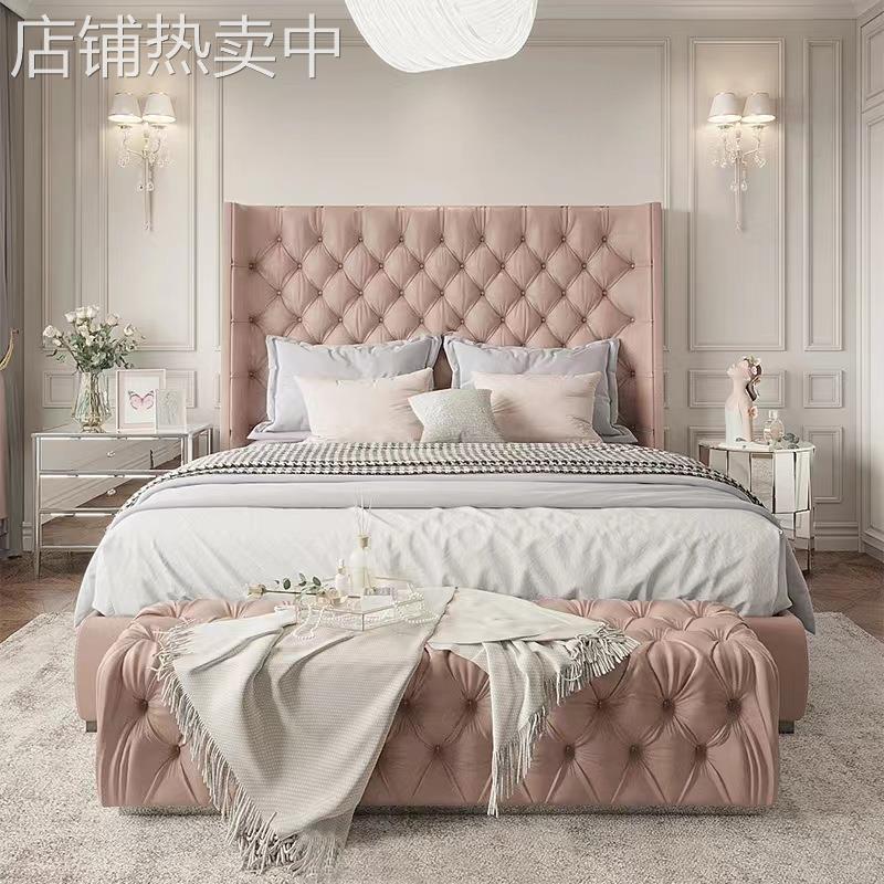 法式奶油风双人床现代简约轻奢拉扣床北欧科技布艺实木1.8米