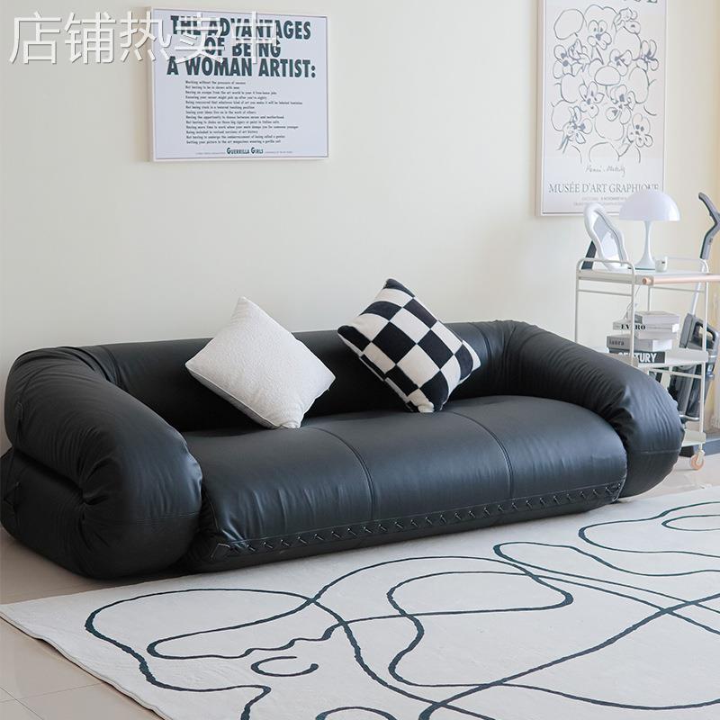 中古设计师折叠沙发床两用小户型多功能三人位黑色皮复古沙发民宿