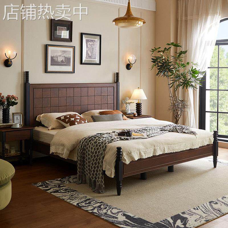 法式樱桃木中古风实木双人床主卧室1米8婚房现代简约复古简约大床