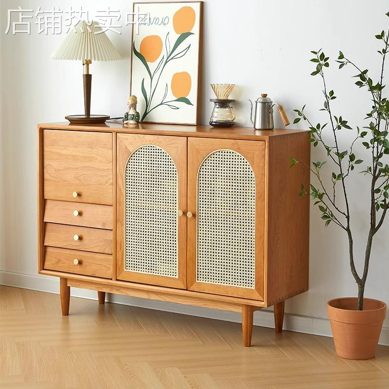 r^r^日式实木餐边柜一体靠墙藤编置物柜北欧现代简约轻奢樱桃木储