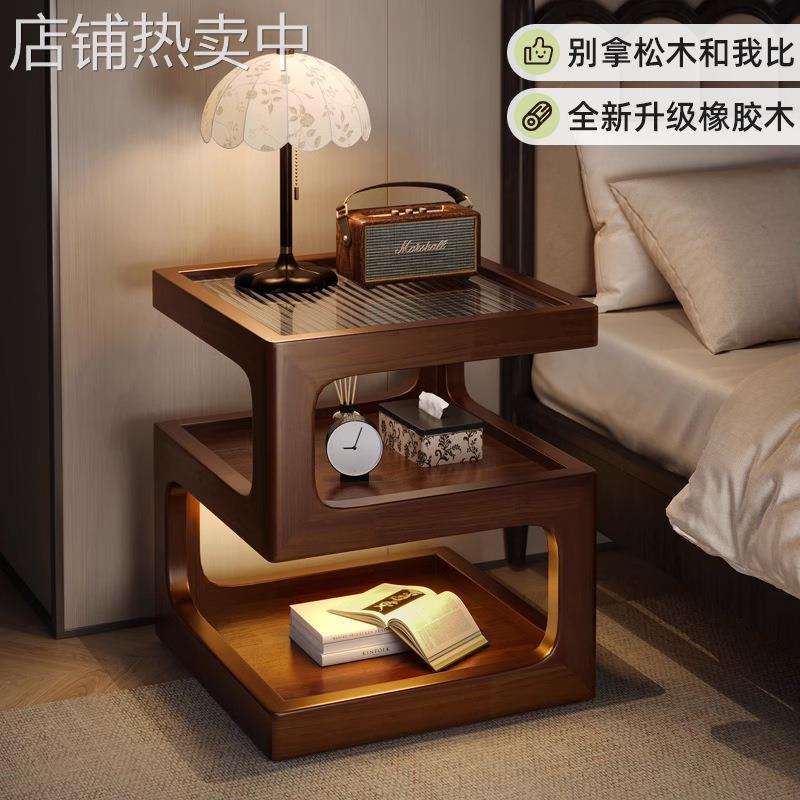 中古风床头小边几创意迷你全实木床头柜置物架黑胡桃色小茶几可爱
