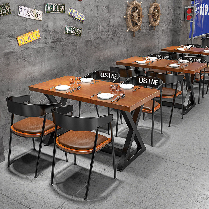 铁艺实木餐桌椅组合工业风酒吧小酒馆火锅店餐馆餐厅饮料店烧烤店
