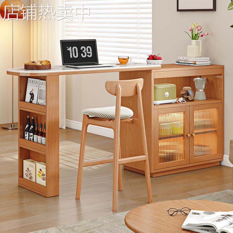 实木吧台桌伸缩阳台休闲小吧台家用餐边柜一体樱桃木色橱柜隔