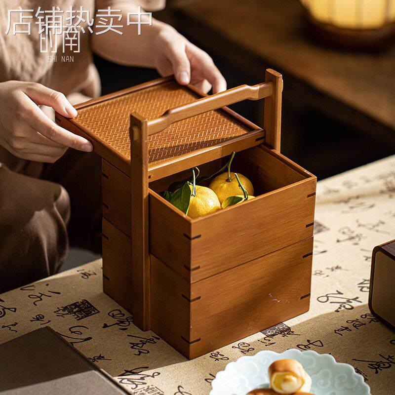 中式竹制食盒多层手提古风干果收纳盒带盖茶室糕点点心盒水果提篮