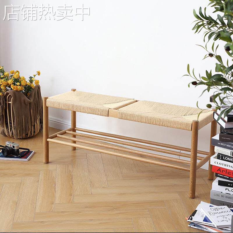 北欧实木绳编换鞋凳日式简约白橡木床尾凳餐桌长凳组合收纳玄关凳