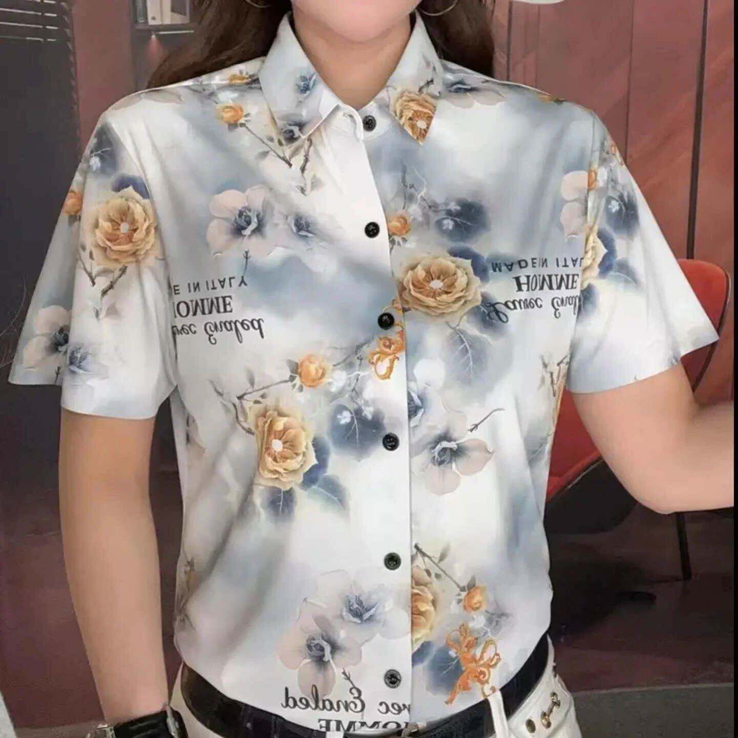 /海灵百货服饰男装宏嫩2026夏季新款衬衫休闲冰丝短袖时尚花朵a9