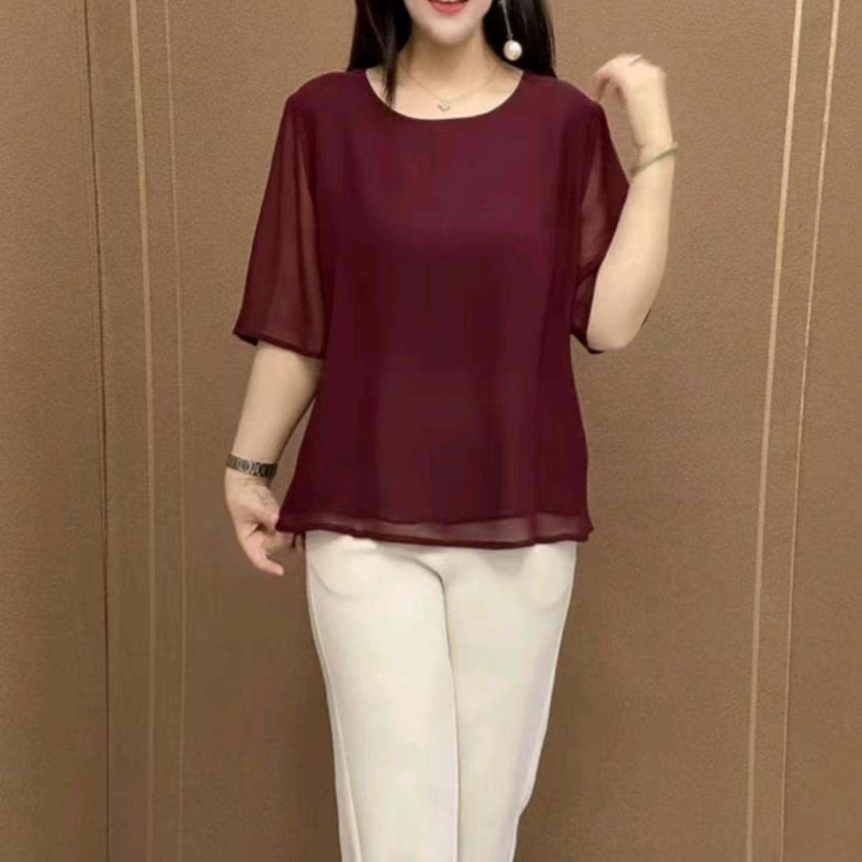 芸菲汇2026夏季女装高档雪纺中年女士小衫气质洋气遮肉纯色女上a4