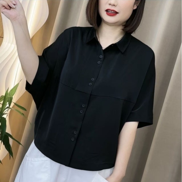 夏季新款短袖衬衫时尚碎花宽松显瘦复古蝙蝠袖女士衬衣休闲减龄潮