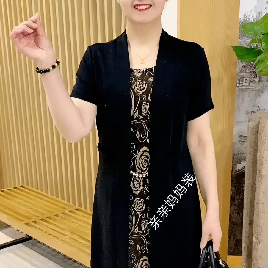 25新款中年中长款遮肚宽松亮片裙子妈妈显瘦假两件气质长袖连衣裙