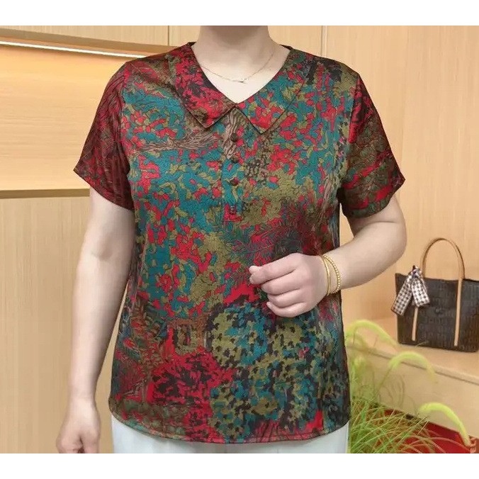 中老年妈妈夏季薄款娃娃领短袖T恤大码宽松时尚百搭妈妈上衣套装