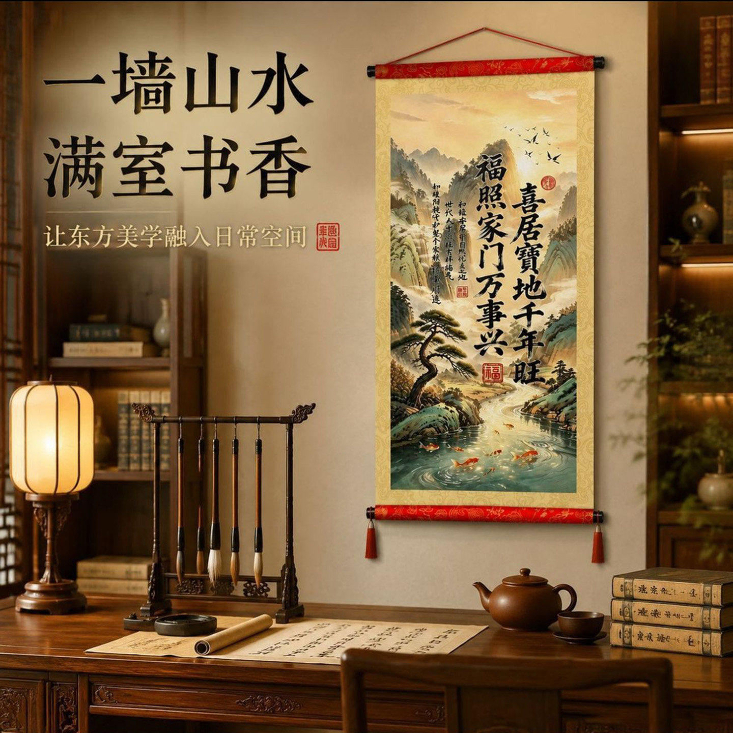 羡坷栀喜居宝地千年旺福照家门万事兴流苏挂画新中式背景墙装饰a4