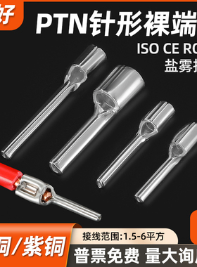PTNB冷压端子插针接线端子针型裸端子紫铜焊口铜鼻子10/12/18线耳