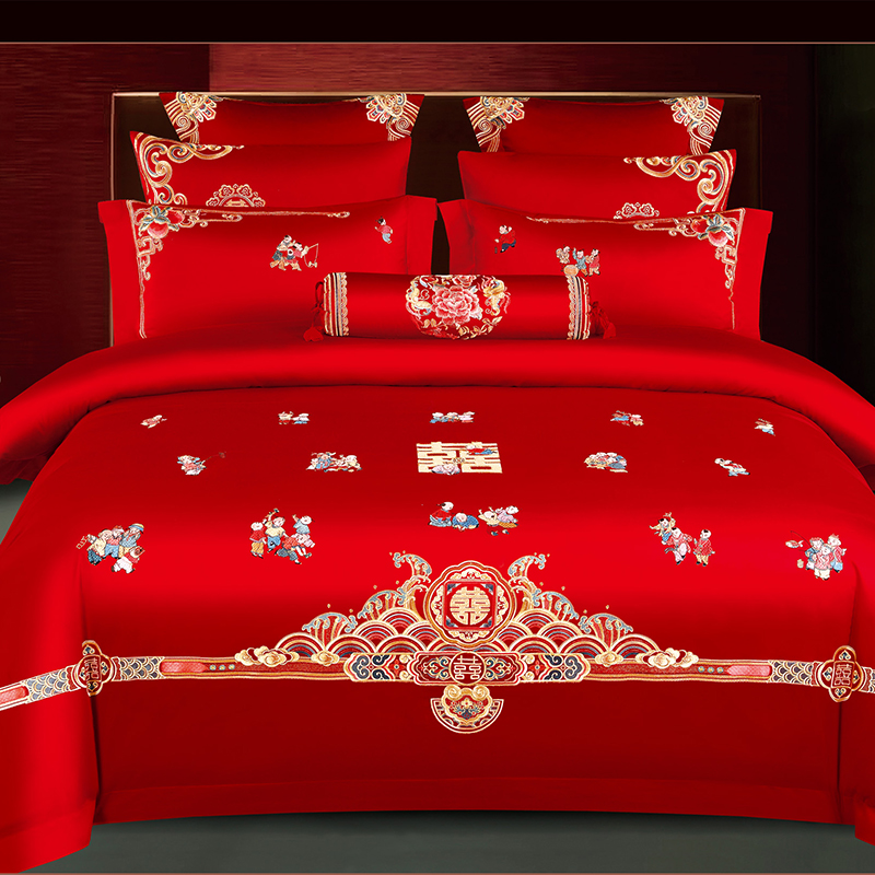 高档全棉大红床上用品纯棉中式婚庆四件套百子图刺绣喜庆结婚套件