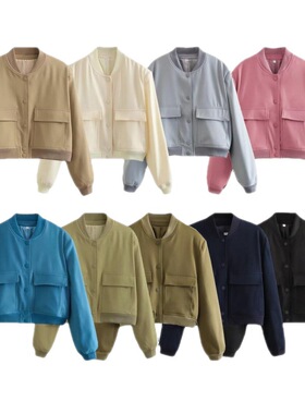 TRAF Women Fashion With Pockets Bomber Jacket Coats Vintage