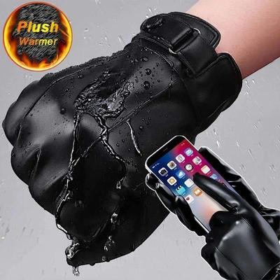 Winter Touchscreen PU Leather Gloves Men Women Keep Warm Plu