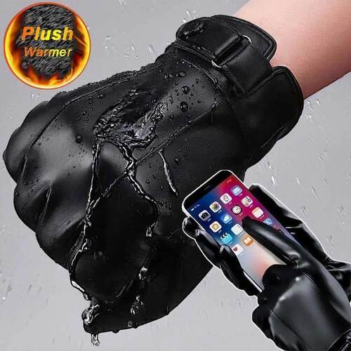 Winter Touchscreen PU Leather Gloves Men Women Keep Warm Plu