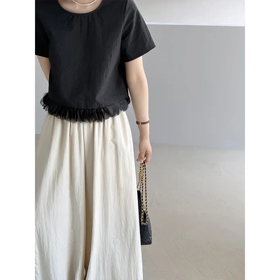 江左 韩系背后绑带木耳边黑色上衣女减龄小个子系带显瘦小衫 6257