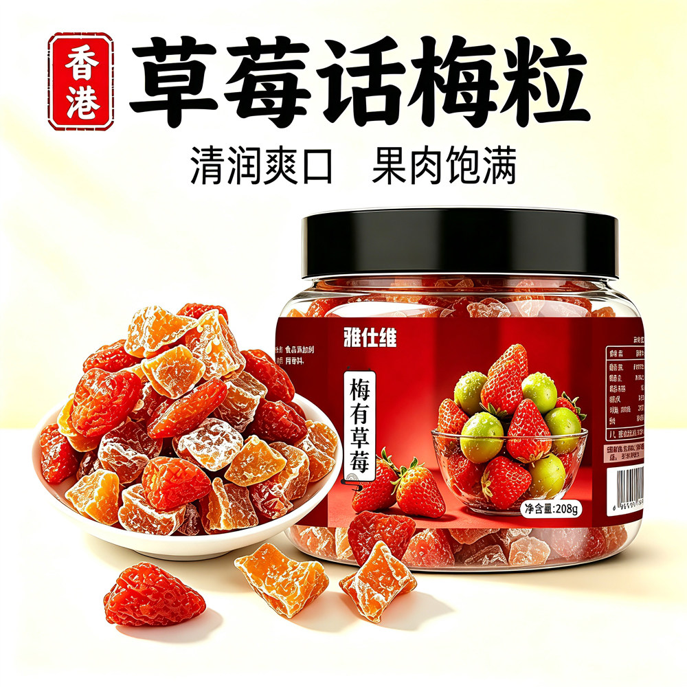 梅有草莓话梅粒酸甜无核即食梅子蜜饯果脯休闲零食盐津梅208g罐装