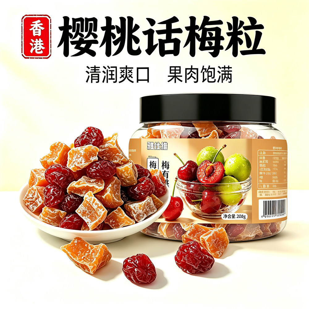 樱桃话梅粒酸甜无核即食梅子蜜饯果脯休闲零食盐津梅果干208g罐装