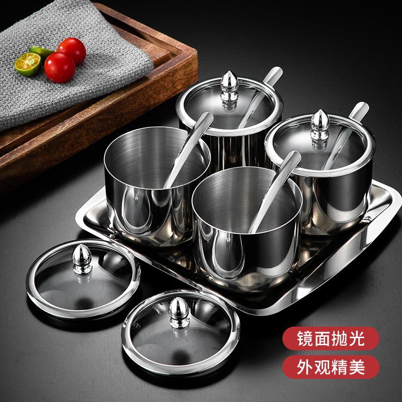 W&韩式304不锈钢调味瓶罐厨房辣椒酱盐罐油罐带勺调料盒创意金色