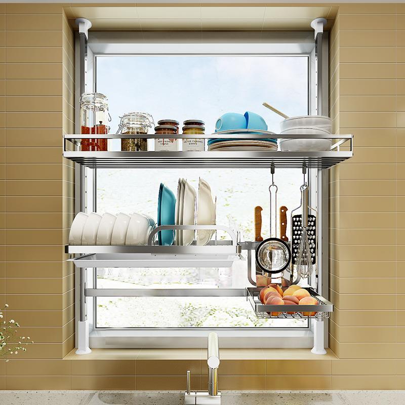 窗户置物架窗台免打孔厨房调味料架顶天立地沥水碗碟架收纳置物架