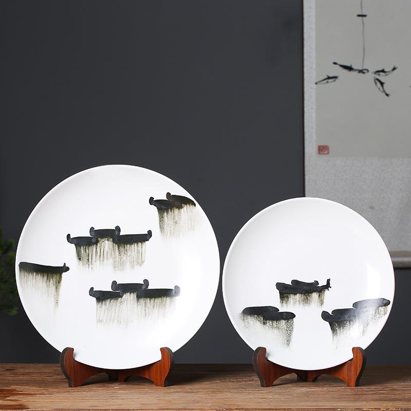 现代新中式陶瓷盘摆件禅意样板房酒店电视柜橱窗软装饰品白色圆盘