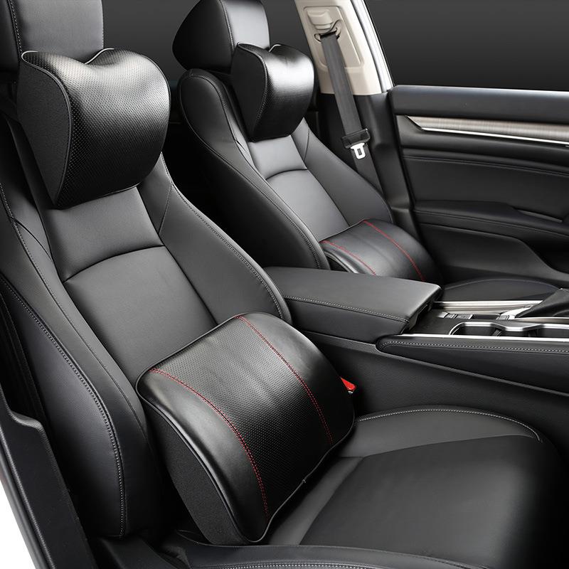 真皮汽车头枕腰靠套装车载牛皮枕头靠枕车用透气爱心护颈枕记忆棉