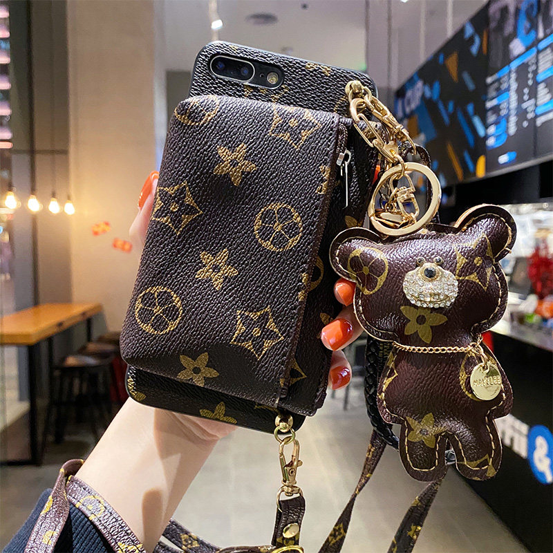 适用于华为p60手机壳P40pro+小熊吊坠P20青春版plus皮纹p40lite E潮款P10plus插卡Y7P 2020挂绳荣耀9c零钱包