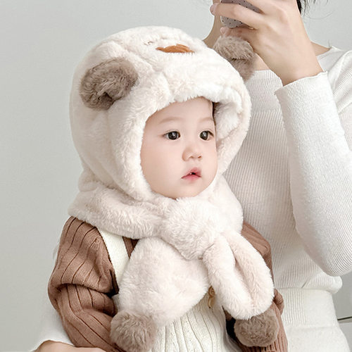 儿童帽子围巾一体帽秋冬款可爱小熊保暖加厚毛绒帽男女宝宝护耳帽