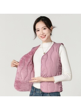 馍岸新款秋冬羽绒棉马甲女加绒保暖背心短款v领坎肩修身百搭内a73