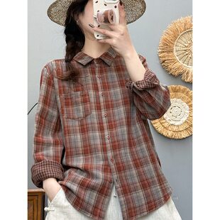 美玲工厂店春秋色织双层纱格子衬衫长袖宽松百搭休闲叠穿衬衣上a4