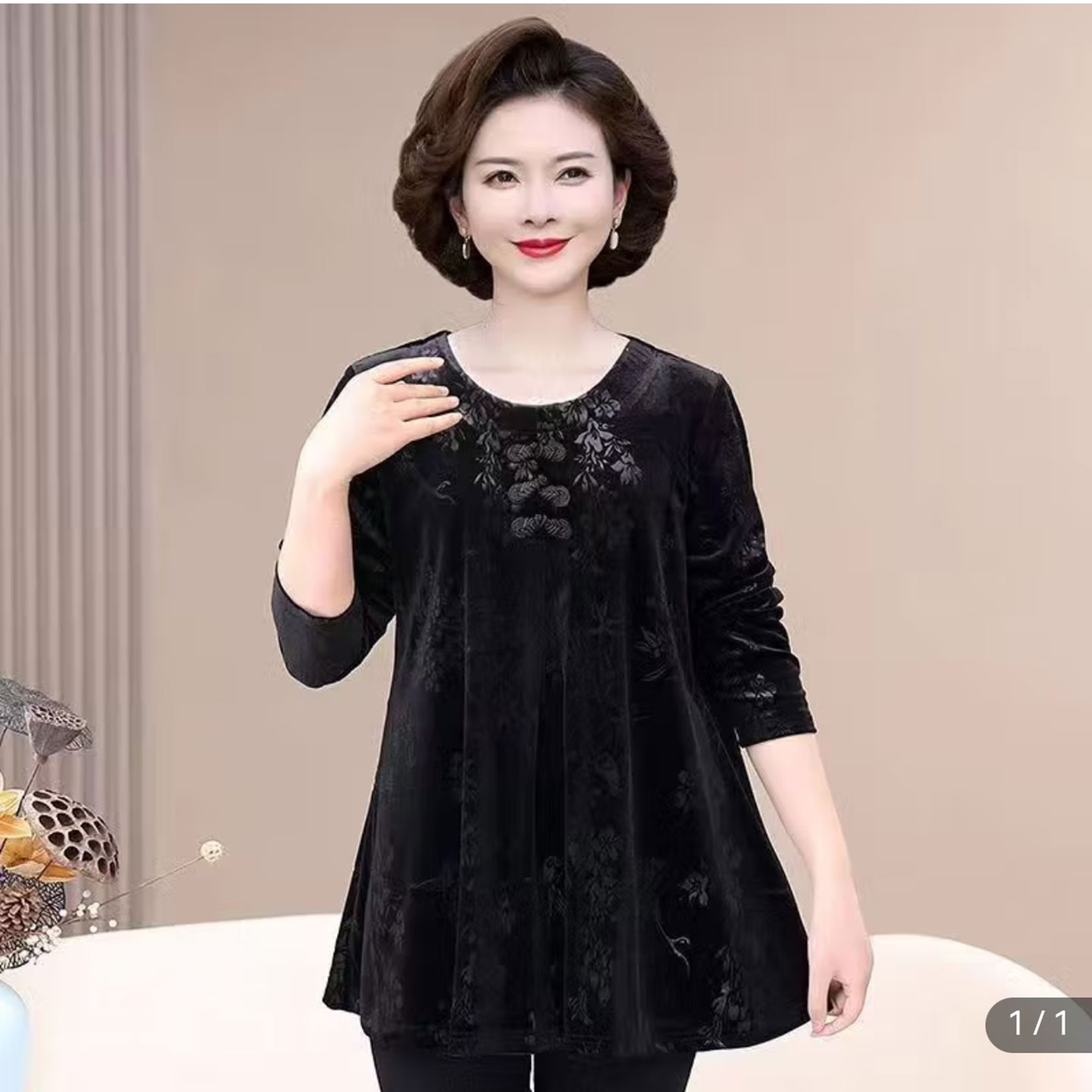 如是惠选女装中老年大码胖妈妈金丝绒小衫提花女士上衣秋季T恤a49